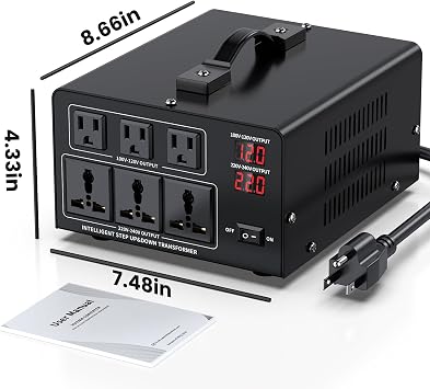 3000W Voltage Converter Transformer Step Up 110V/120V to220V/240V or Step Down 220V to 110V AC Power Converte, Circuit Breaker Protection, 3 US sockets, 3 Universal sockets, LCD Display