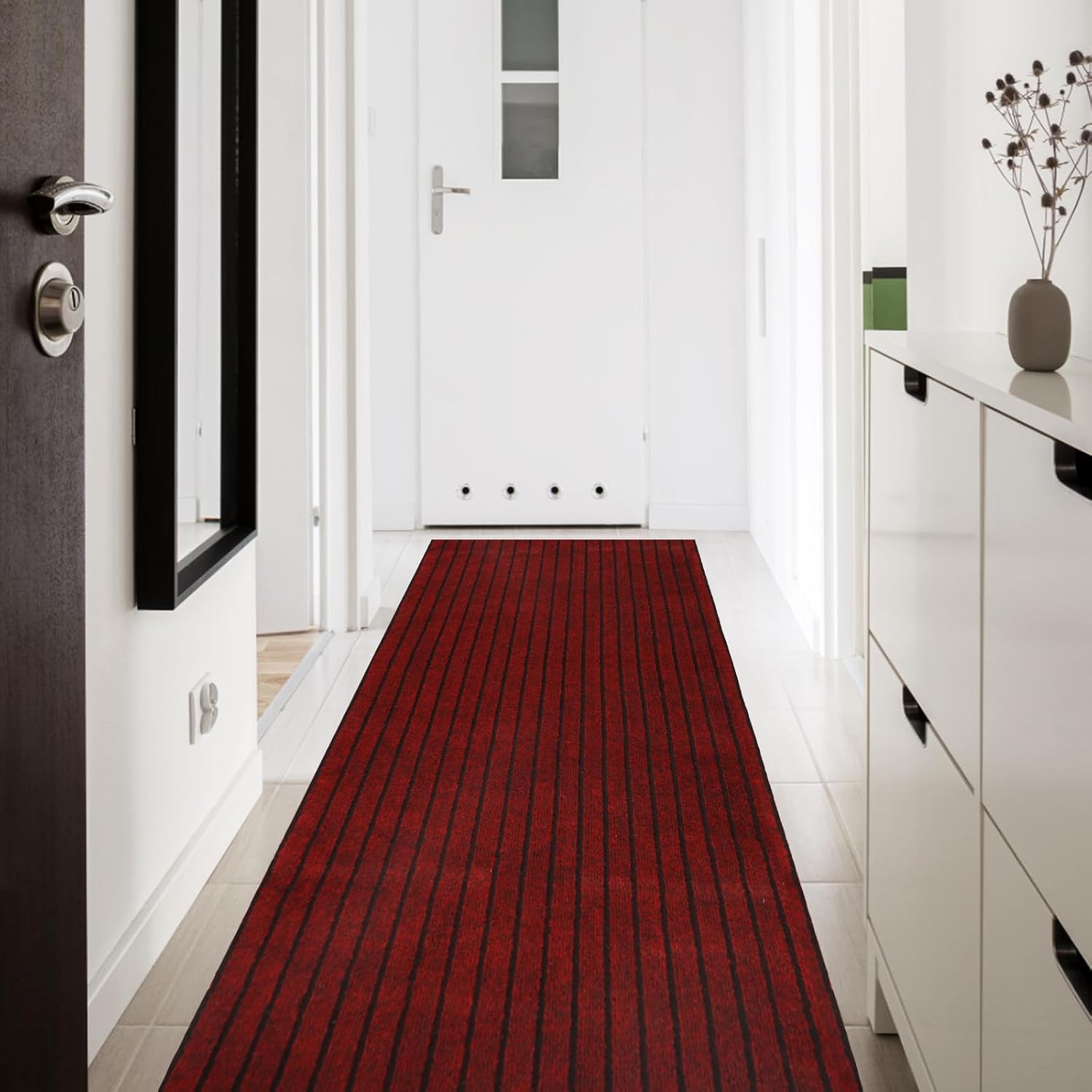 Runner Rug 2' x 6' Outdoor/Indoor, Rug with Natural Rubber Backing Non Slip for Hallway, Kitchen, Patio, Laundry, RV, Entryway, Garage, Bathroom, Area Rug Carpet, Red Strip, Custom Size