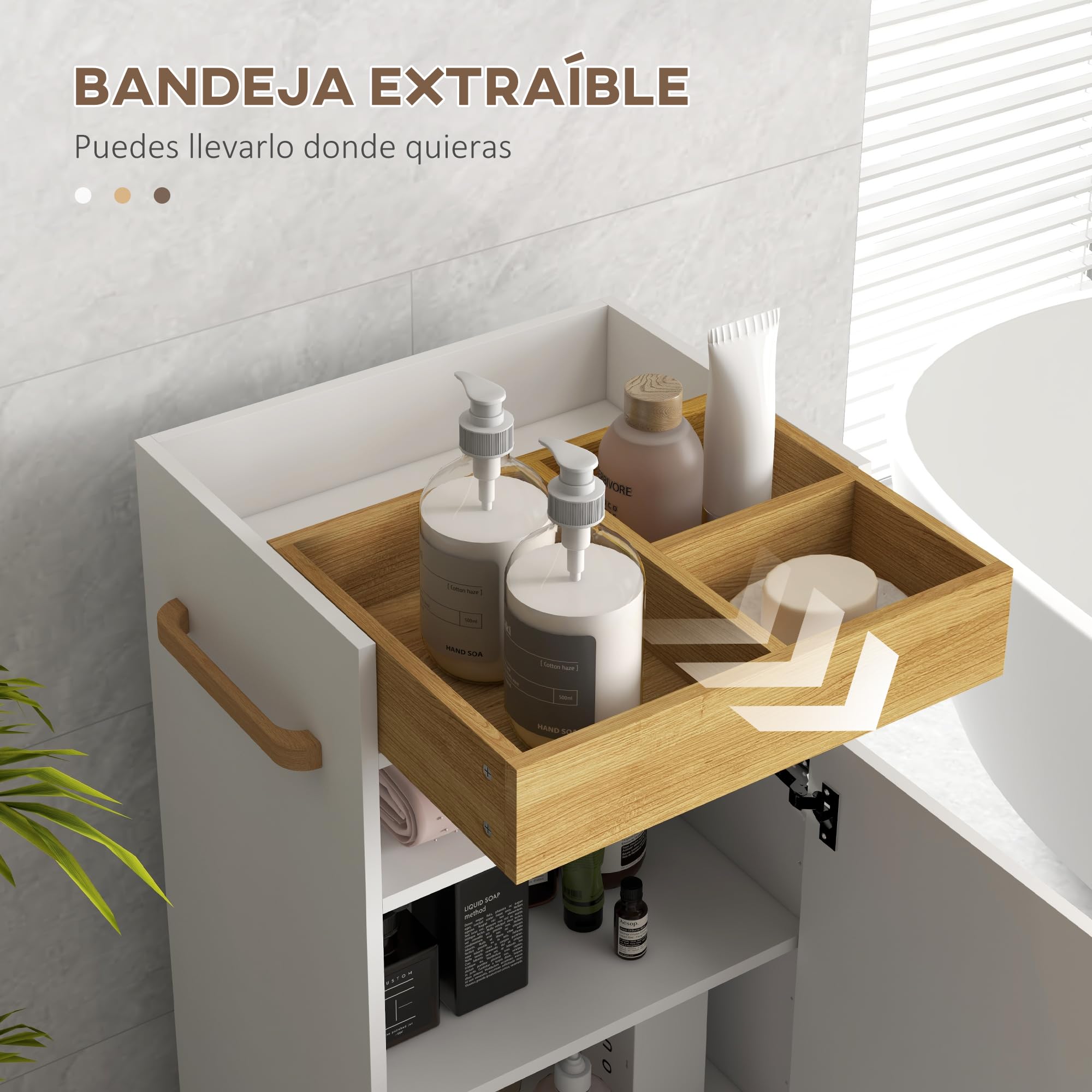 kleankin Armario de Baño Moderno con Ruedas 40x30x88 cm Blanco y Roble | Mueble Auxiliar de Baño, Mueble de Suelo, Estantes Ajustables, Bandeja Extraíble
