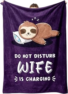 Leebbsin Funny Gifts for Wife, Anniversary Wedding Gifts for Wife | Wife is Charging Sloth Blanket 60" x 50", Purple, Christmas Mothers Day Birthday Gift for Wifey from Husband