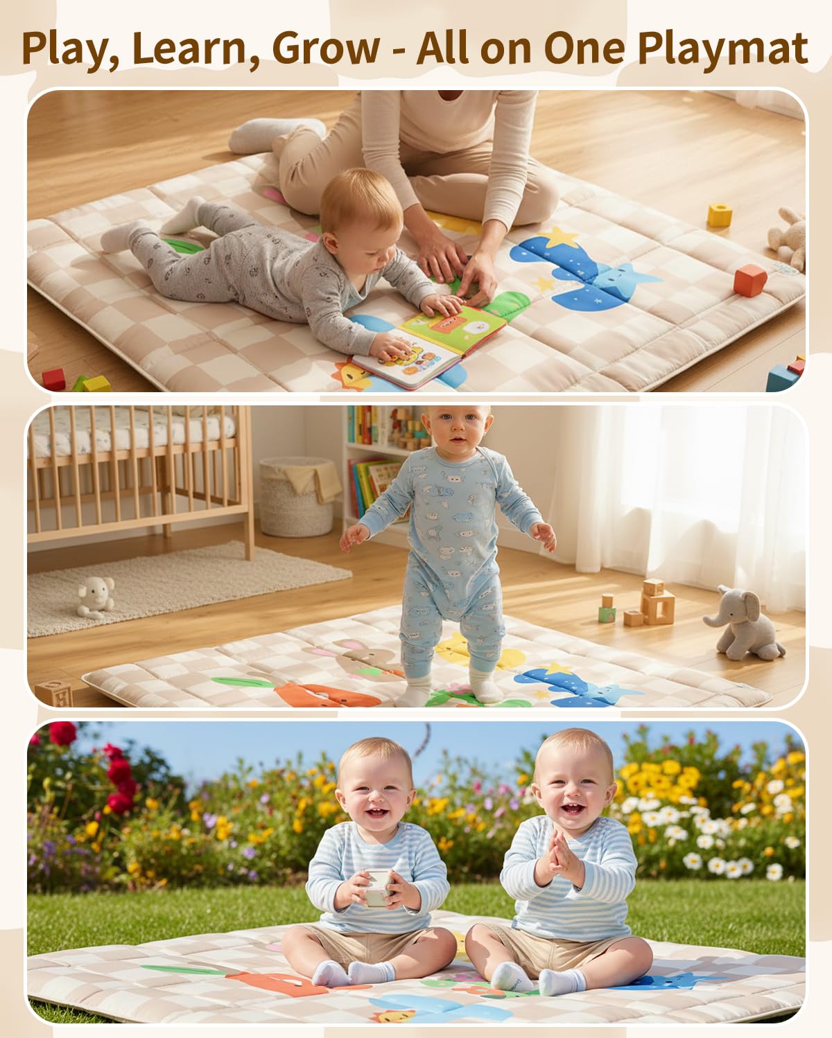 Baby Play Mat, Foldable Play Mats for Floor, 50x50 Inches Crawling Mat for Playpen with Anti-Slip Bottom, Machine Washable, Thicken Padding Foam Playmats for Babies and Toddlers (Sand Checks)