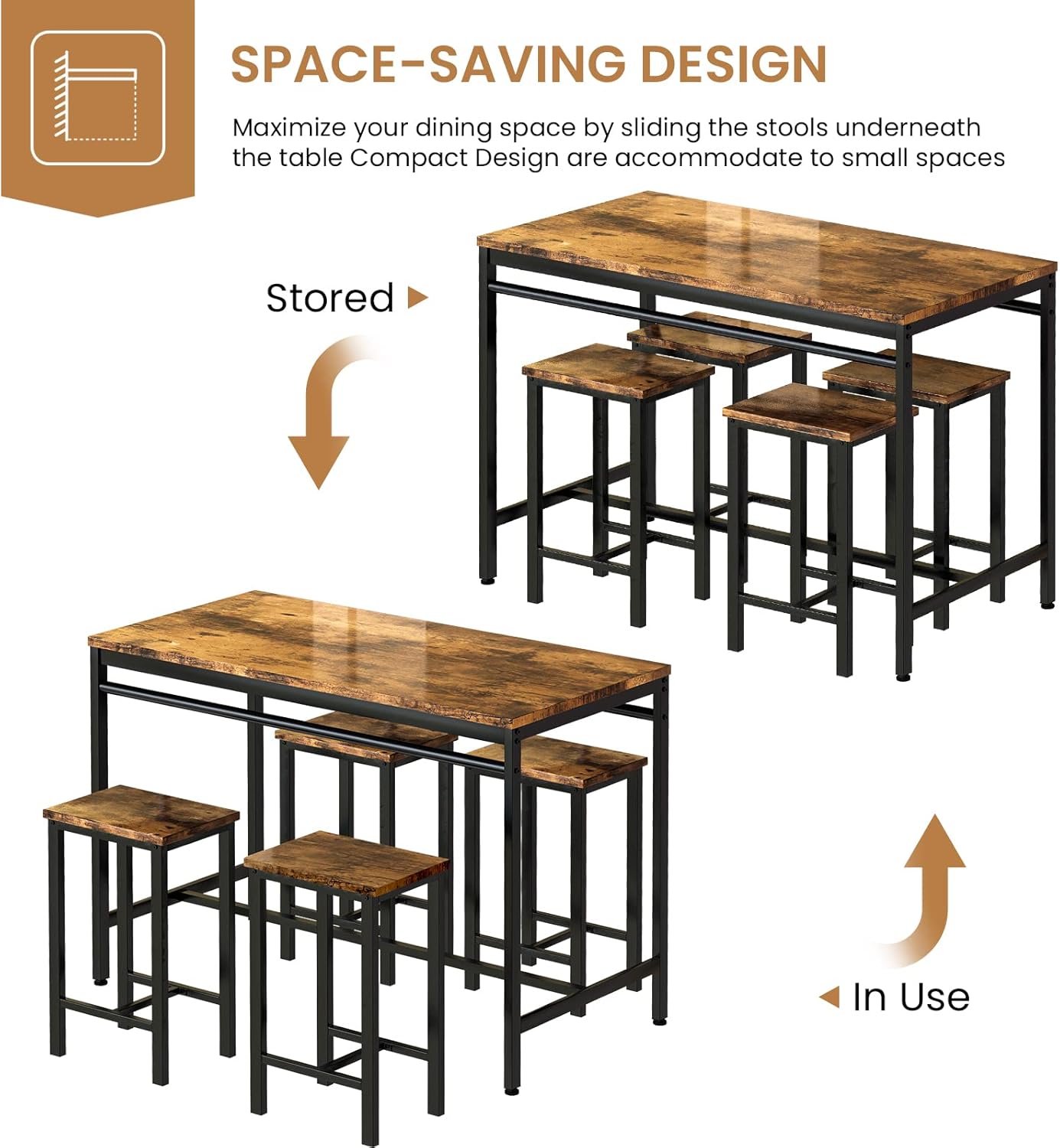 Recaceik Bar Bistro Chairs for 4, Modern Kitchen & Dining Room Set, Pub Counter Height Table with 4 Stools for Small Spaces Breakfast Nook Apartment, 47.2 x 23.6 x 32.3, Retro Brown