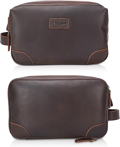Miniatura 7 de Polare - Neceser de viaje impermeable de lona encerada, de cuero de grano completo, kit de aseo de viaje, kit de afeitado con cremalleras YKK,