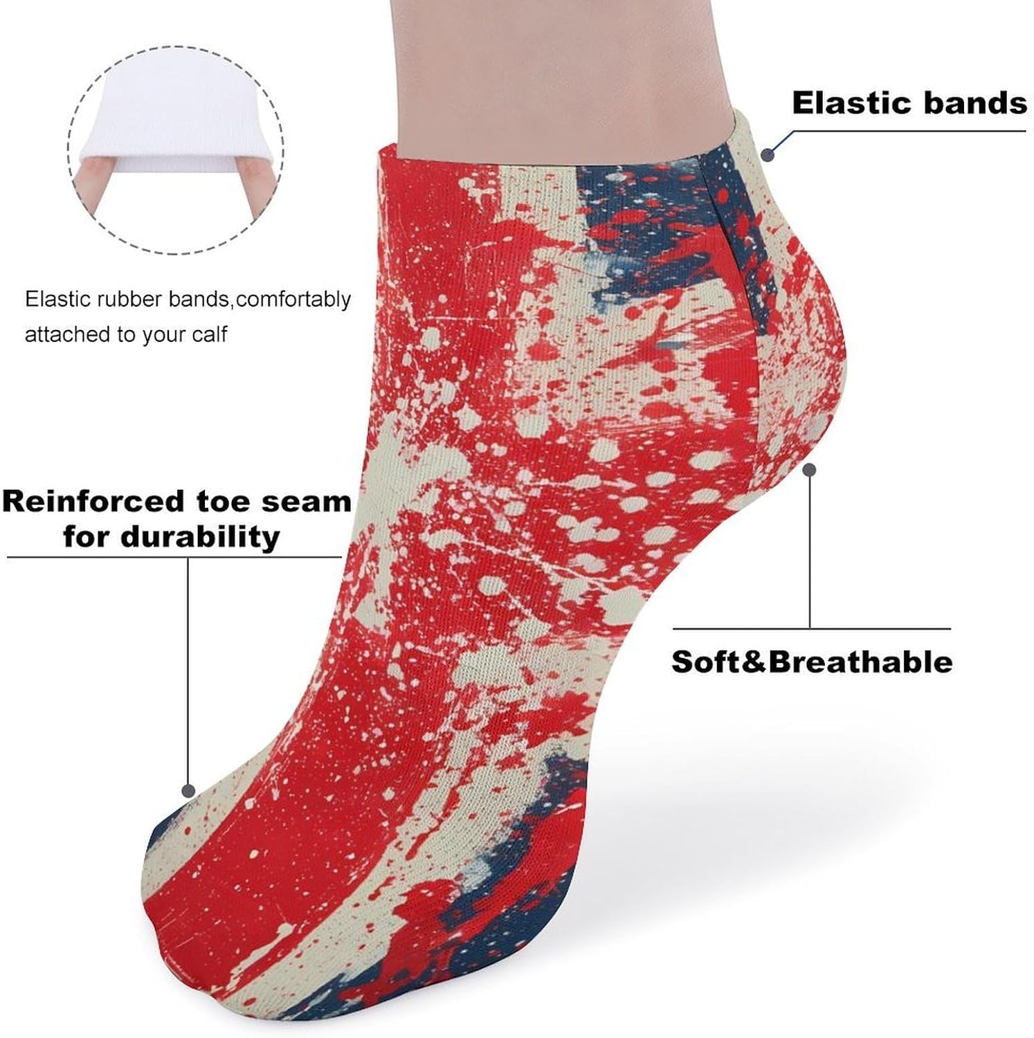 British Flag Splatter No Show Ankle Socks Low Cut Non Slip Flat Boat Line 5 Pairs Set