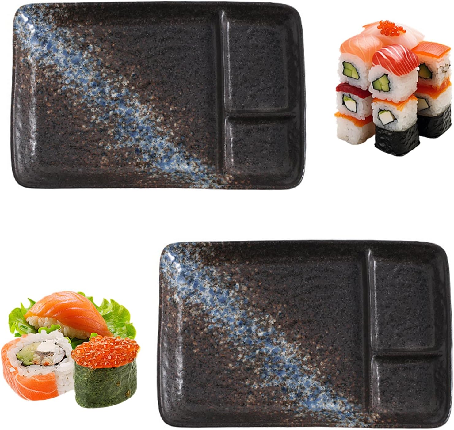 Creative Ceramic Divided Sushi Plates – 8" Snack and Dipping Dish Set of 2, 3-Section Dumpling Tray for Sushi, Sashimi, BBQ Sauce, Appetizers, Elegant Restaurant-Style Dinnerware (Black With Patterns)