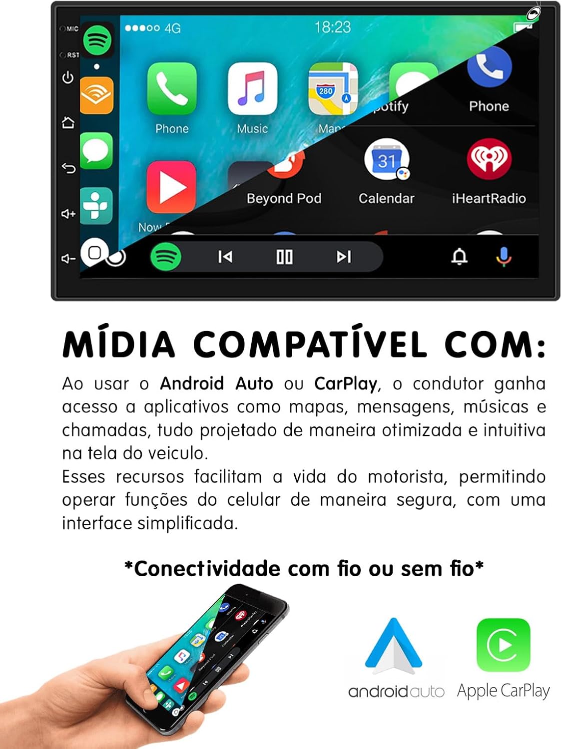 H-Tech HT-7864CA Multimedia System compatible with Android Auto and Apple CarPlay, showing a smartphone connected.
