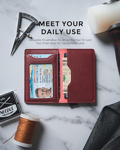 Miniatura 4 de VULKIT Cartera delgada desplegable para mujer, soporte minimalista para tarjetas de crédito con ranuras de cuero, cartera bifold metálica con