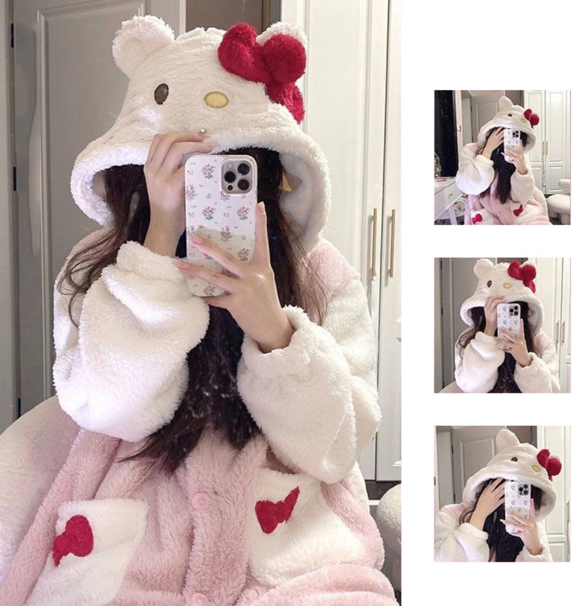Brrioe Women's Cute Robe Button Bathrobe - Hooded Plush Sleepwear with Kawaii Pattern and trousers Sets