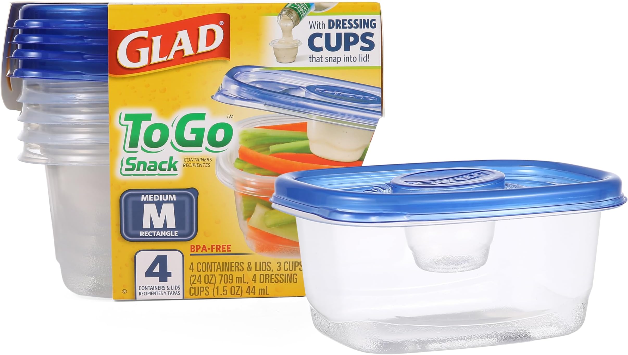 GladWare To Go Snack Food Storage Containers, Medium Rectangle, Holds 24 Ounces of Food, 4 Count Set