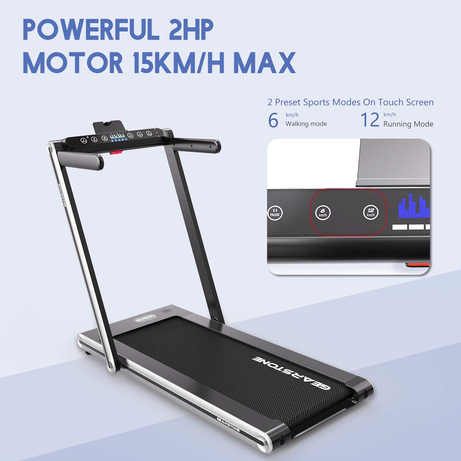 Image of the GEARSTONE CS-07 treadmill control panel, highlighting the 2 HP motor, 15 km/h max speed, and two preset sport modes: 6 km/h for walking and 12 km/h for running.
