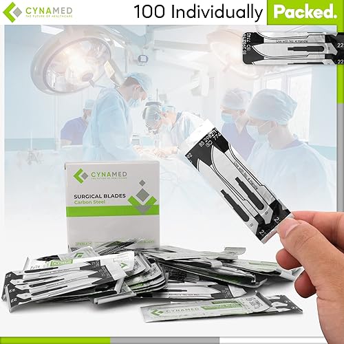 Vista 27 de Cynamed Caja de 100 cuchillas estériles de bisturí de acero al carbono envueltas individualmente en papel de aluminio