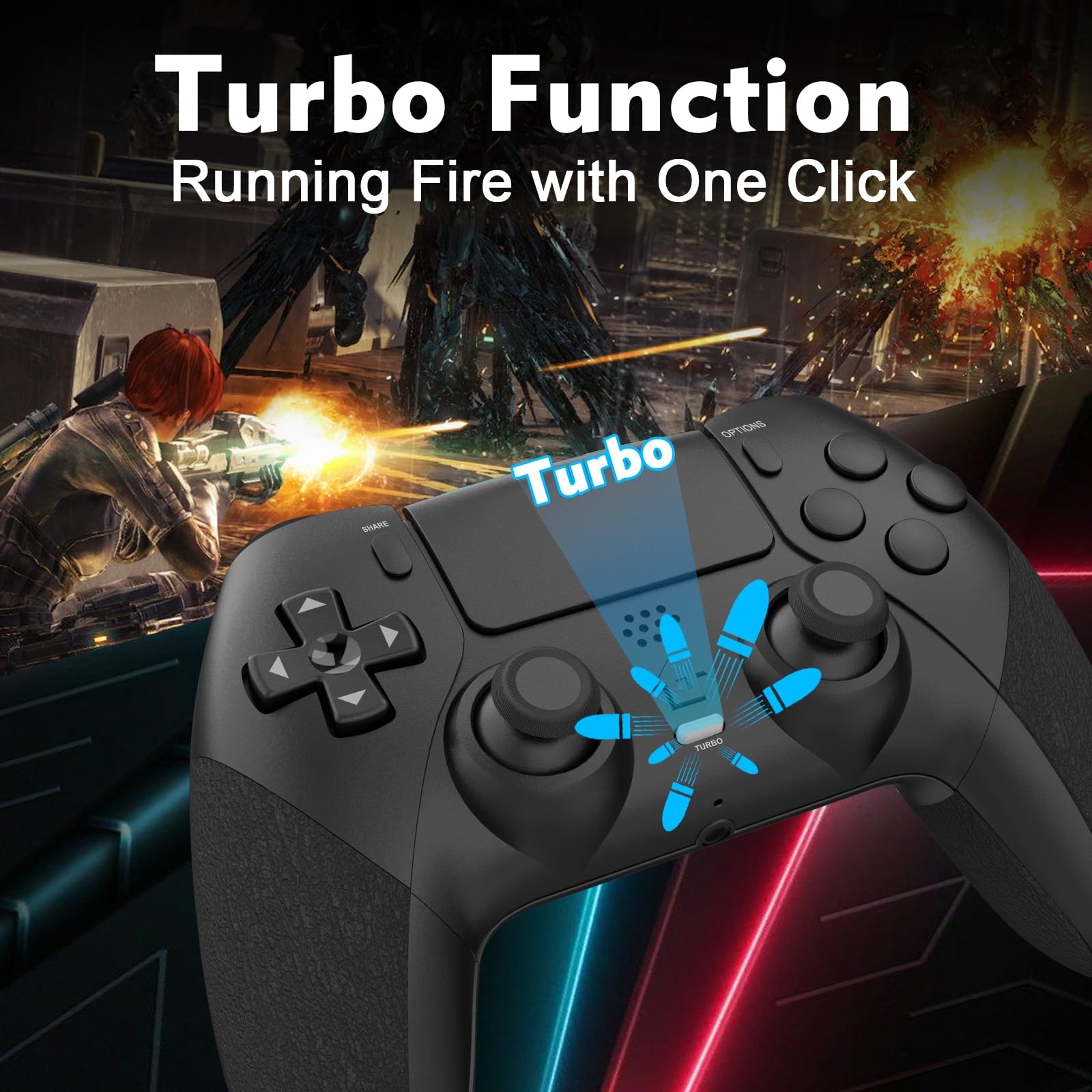 Tefelan Mando para PS4, Game Mando Inalámbrico para P4/Slim/Pro Gamepad Joystick con Turbo, Programable Botón, Dual Vibración, 6 Axis Gyro Sensor, Touch Panel, Audio Jack Speaker-Negro