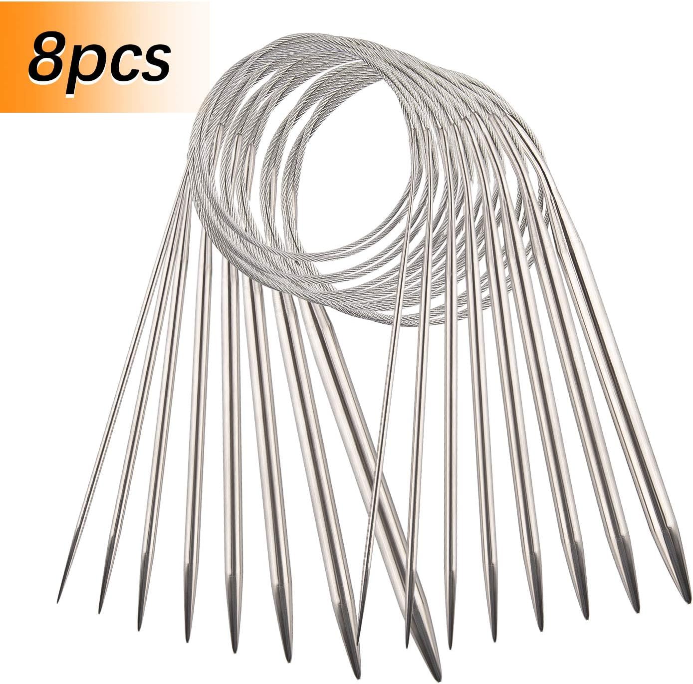 AIEX 8pcs Stainless Steel Circular Knitting Needles Set Various Sizes Crochet Knitting Needles Yarn Needles for Weaving Project(2mm, 3mm, 4mm, 4.5mm, 5mm, 6mm, 7mm, 8mm)