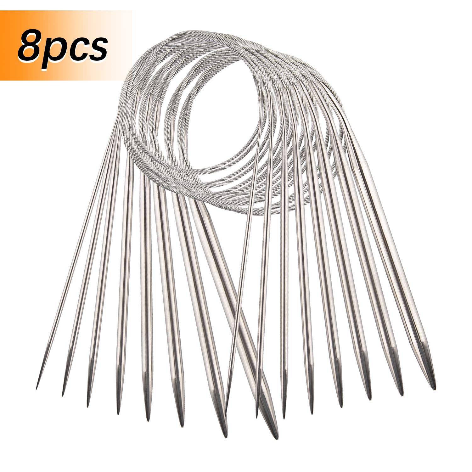 AIEX 8pcs Stainless Steel Circular Knitting Needles Set Various Sizes Crochet Knitting Needles Yarn Needles for Weaving Project(2mm, 3mm, 4mm, 4.5mm, 5mm, 6mm, 7mm, 8mm)