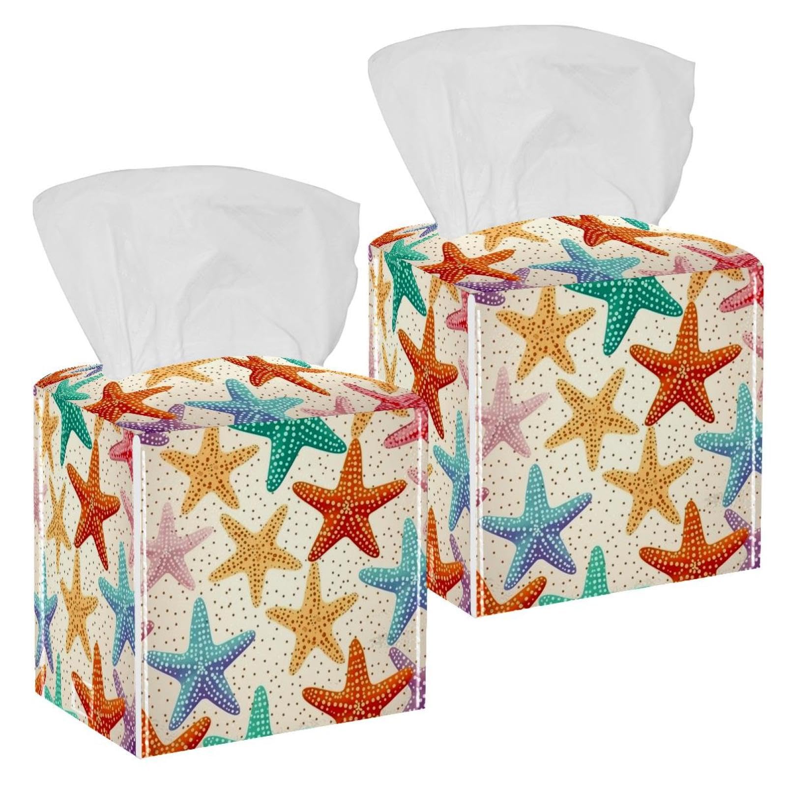 Starfish Tissue Box Cover, 2 Pack PU Leather Square Facial Tissue Dispenser Box holder for Home Office Car