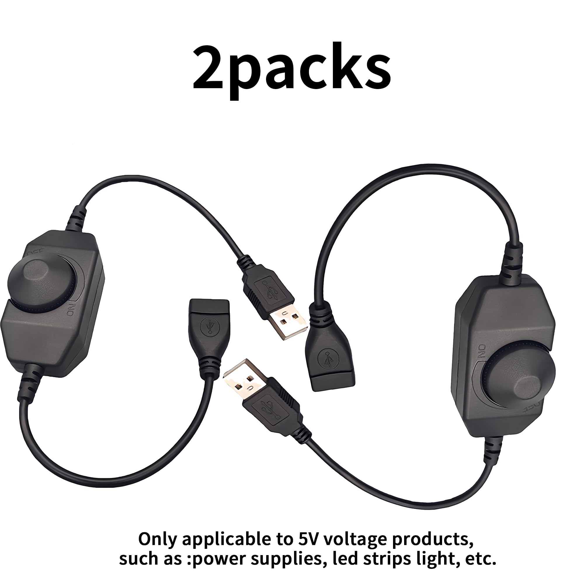 Clearhill 2Packs 5V USB Rotary Dimmer Switch with USB Male and Female Connectors(Black),Brightness Adjustable Controller,Manual Knob Dimmer Switch for 5V LED Strips Lights - Image 2