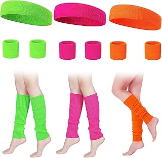 FCXQG Cinta y Muñequeras Disfraz 15pcs Pierna de Color Neón Muñequeras Rosa Verde 80s Accesorios Disfraces Calentadores Piernas Diadema Correr Naranja Amarillo Gym Deportes Bandas Pelo
