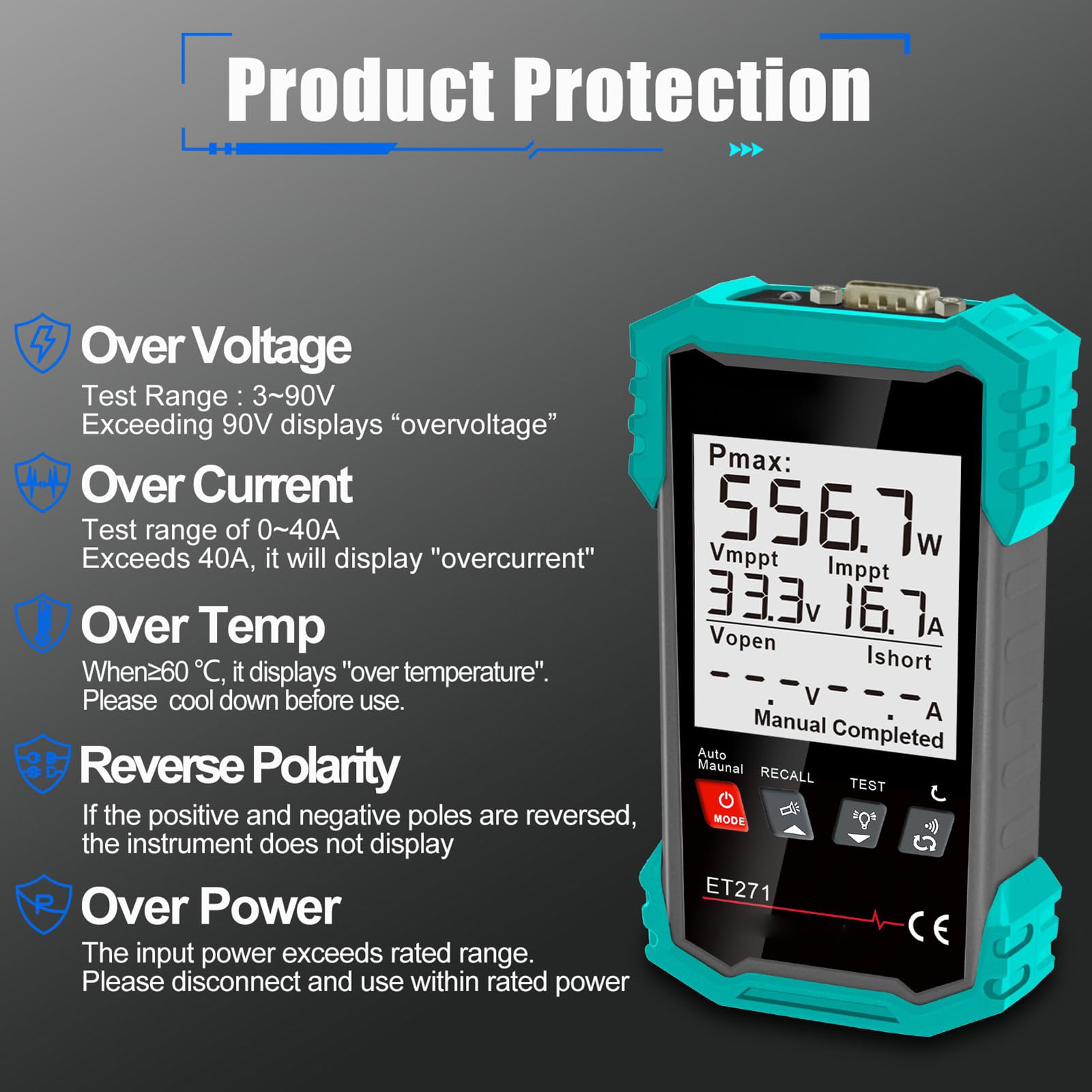 Fafeicy Tester Paneli Słonecznych ABS MPPT Miernik Mocy Paneli Słonecznych 2000 W 40 A 3 do 90 V Podświetlenie LCD Zatrzymanie Danych dla Instalatorów Modułów Fotowoltaicznych Kon
