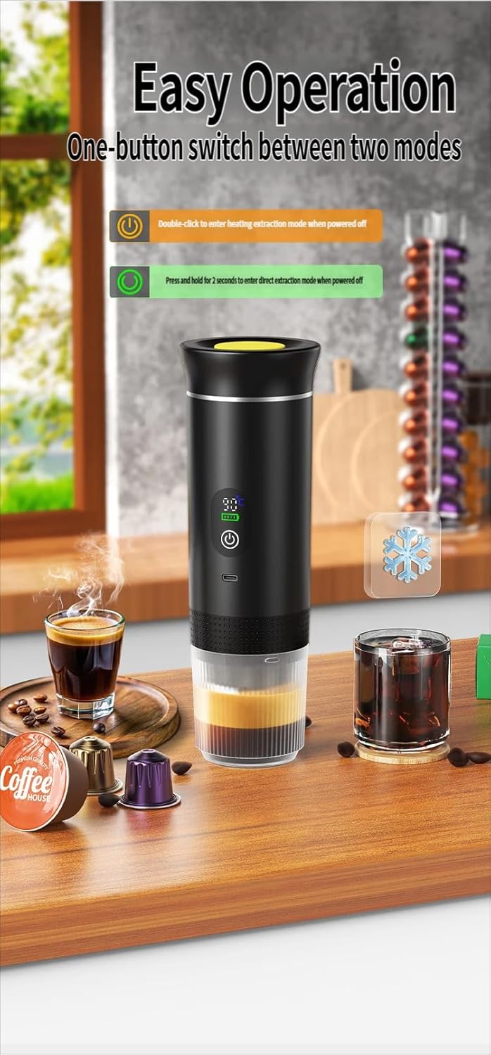 Portable Coffee Capsule Machine, Hot and Cold Brew Espresso Maker, Rechargeable Travel Coffee Maker with Digital Display, Compatible with Nespresso and Ground Coffee (Gray)