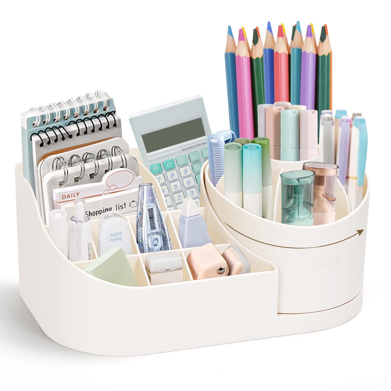 minimaliving Desk Organiser,360 Degree Rotating Pen Holder for Desk,2-in-1 Pencil Pot with 16 Compartments,Nordic Style Pen Organizer,Non-Slip Desktop Storage for Office,Cosmetics,School,Home(Cream)