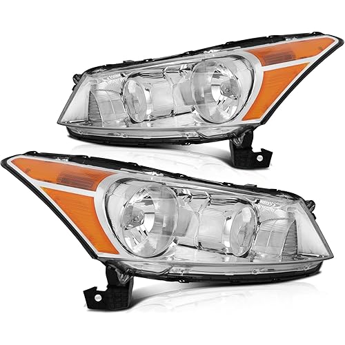 Headlight Assembly for Honda for Accord 2008-2012 Chrome Housing Amber Reflector Clear Lens Driver and Passenger Side Headlamp