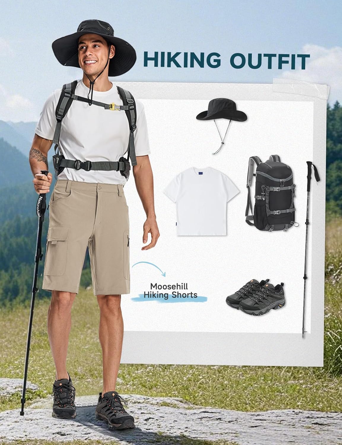 Moosehill Mens Hiking Shorts Cargo: Lightweight Quick Dry Water Resistant with 6 Pockets for Casual, Outdoor & Work