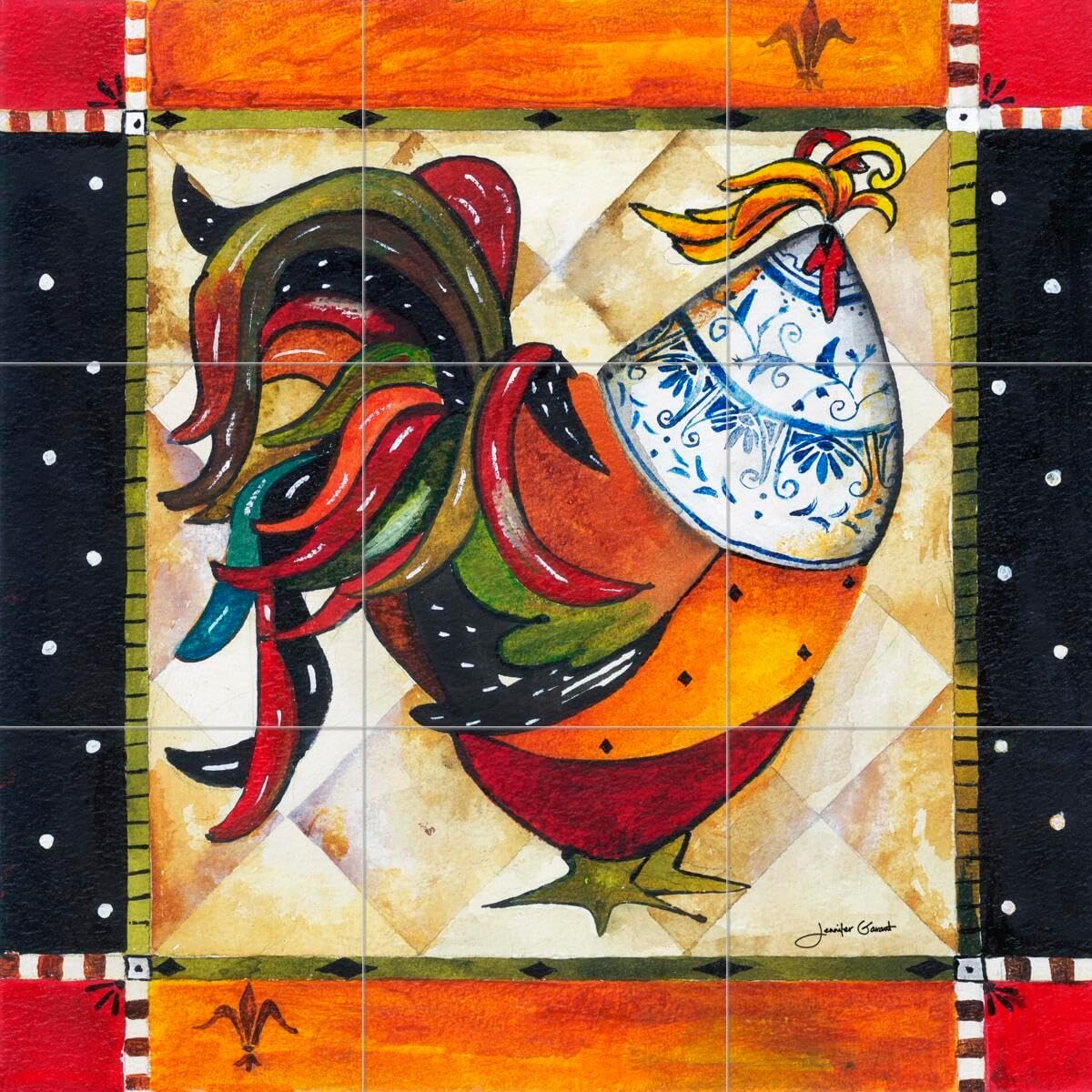 Ceramic Backsplash Tile Mural Rooster Hen Chicken Kitchen/Bathroom - Tuscan Rooster I - Jennifer Garant