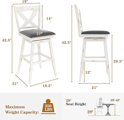 Miniatura 2 de Betterhood 29" Swivel Bar Height Stools, High Back Swivel Bar Stools with Faux Leather Upholstered Seat & Solid Wood Footrest, Counter Bar Chairs