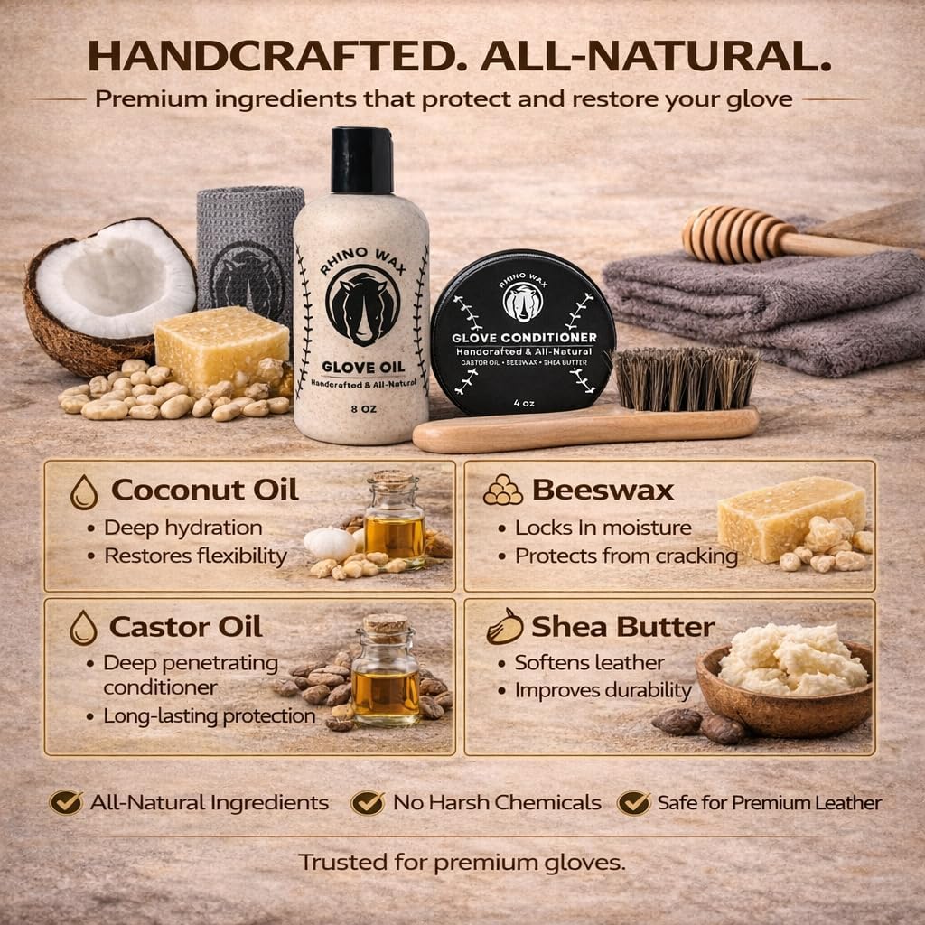Rhino Wax - Baseball Golden Glove Break-in Kit - Oil for Ball Gloves, Mitt Conditioner, Glove Scrub, Daily Cleaner, Mallet, Wrap, Brushes, & 2 Microfiber Cloths - for Breaking in and Maintaining