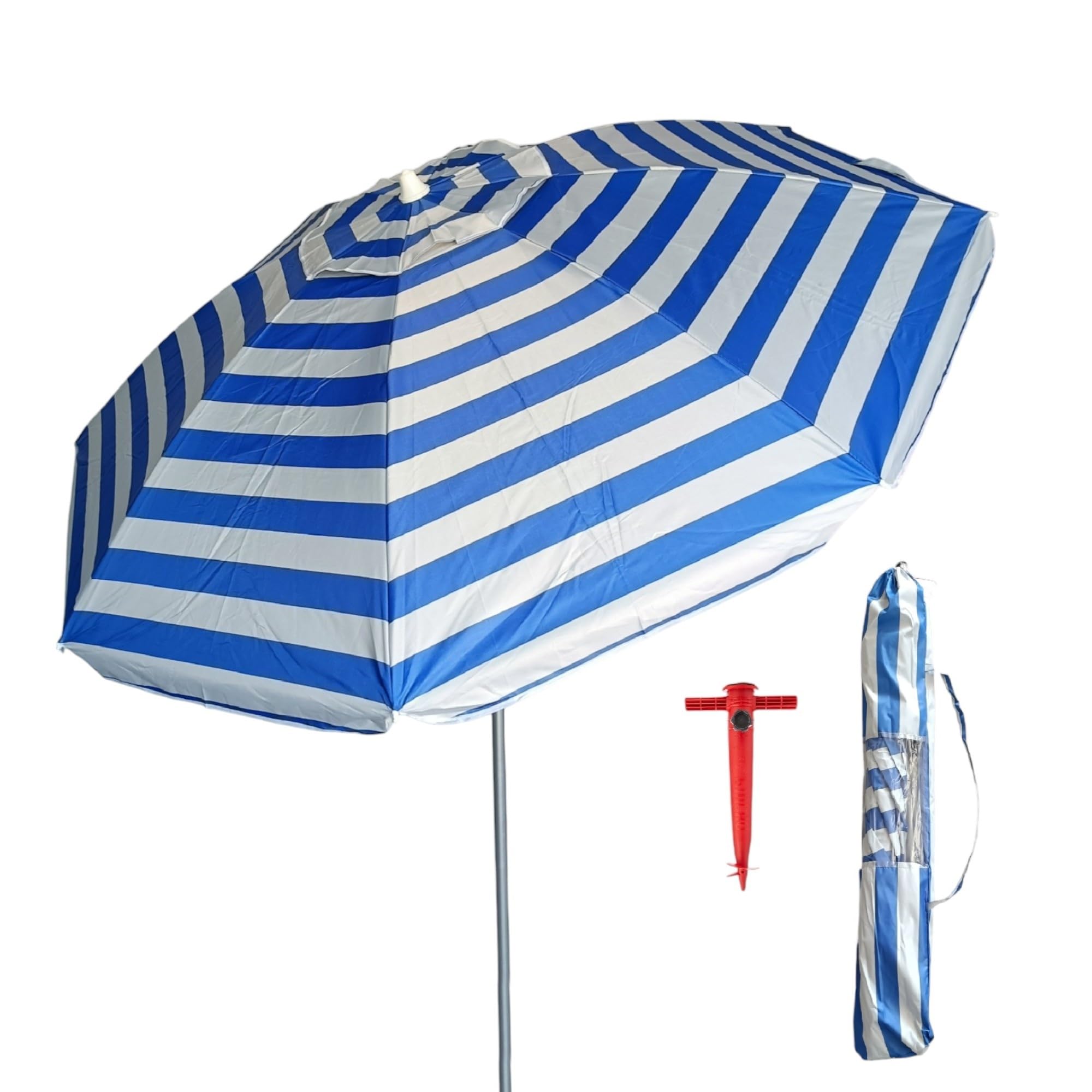 Pincho Sombrilla playa grande Ø200 cm, antiviento, protección uv 50, tubo de aluminio, varillas de fibra de vidrio, palo reclinable, incluye bolsa de transporte (Azul rayas blancas)