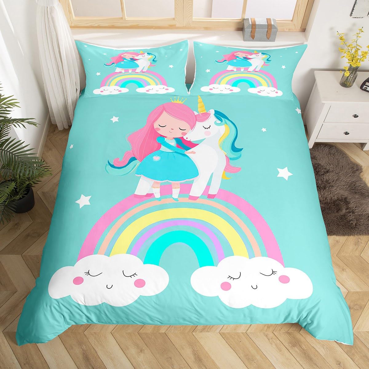 Homewish Mädchen Fantasy Einhorn Bettbezug Set Wolken Regenbogen Märchen Bettwäsche 135x200cm für Kinder Prinzessin Jugendliche,Cartoon Tiere Pferd Sternmuster Bettwäscheset Schlafzimmerdekor