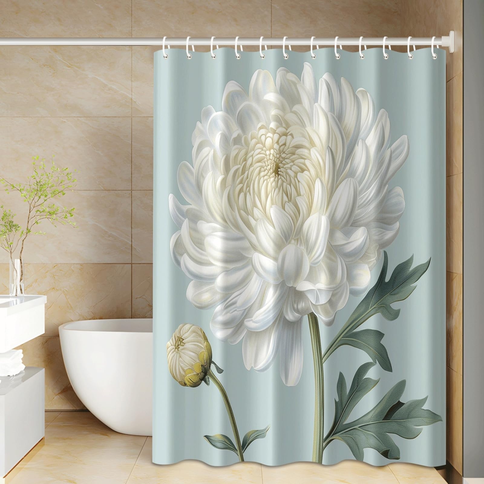 Rideau douche crème blanc bleu imperméable avec ses 12 crochets