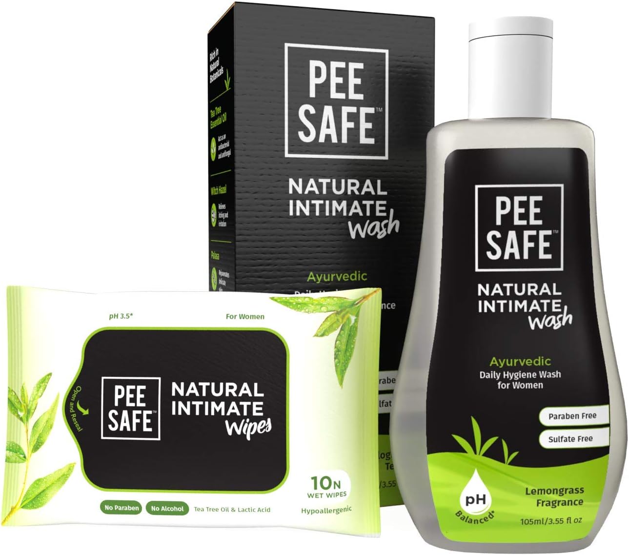 Pee Safe Intimate Wash For Women Natural Ayurvedic with Lemongrass Fragnance and 100% Alcohol-Free - 105ml and Natural Intimate Wipes (Pack of 10 Wipes)