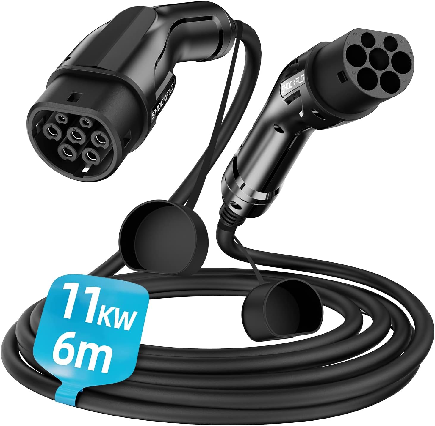 ShockFlo Type 2 Charging Cable for EV, 11 kW 16 A 6 m 3-Phase Electric Car Charging Cable with Bag, Type 2 to Type 2 PHEV Charging Cable Plug, IP54 Waterproof