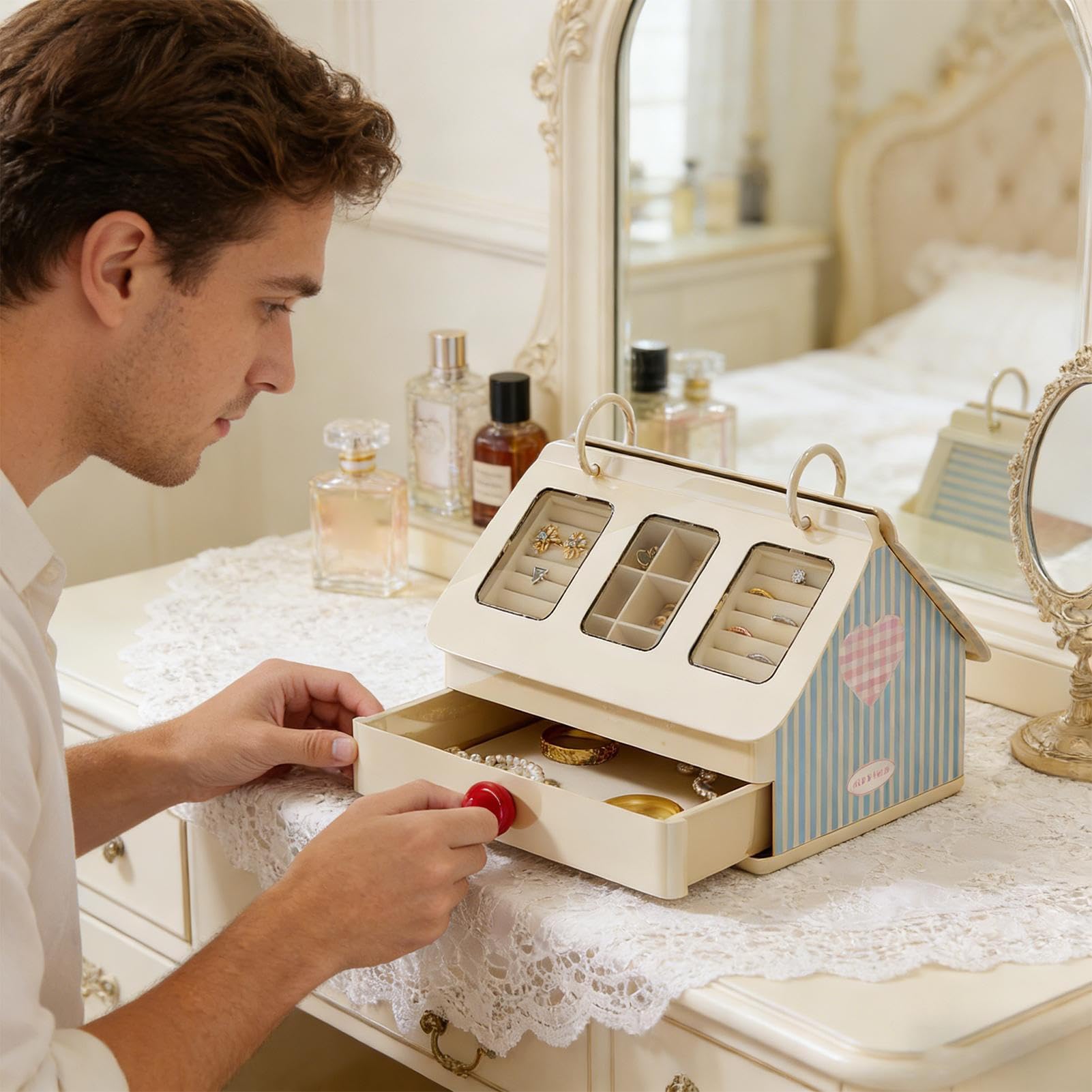 Joyeros Para Mujer Con Cajón Forma De Casa Adorable Organizador | Estuche de Almacenamiento para Joyas Novia Mujeres Hija Familia Amigos Baño Escritorio Tocador Hogar Casa