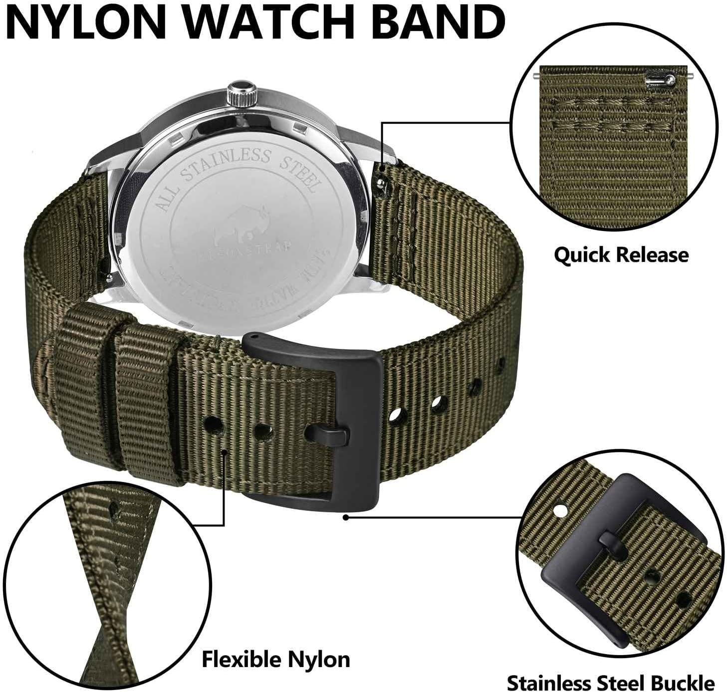 BISONSTRAP Men’s Nylon Watch Bands, Two-Piece Military Watch Straps, Quick Release, Brushed Buckle, Band Width 18mm 19mm 20mm 22mm