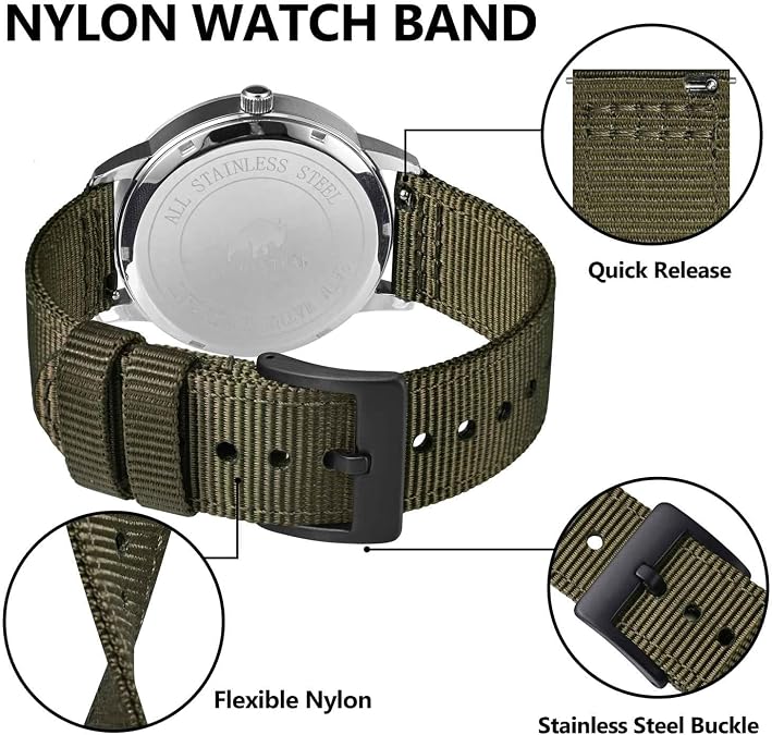 BISONSTRAP Mens Nylon Watch Bands, Two-Piece Military Watch Straps, Quick Release, Brushed Buckle, Band Width 18mm 19mm 20mm 22mm