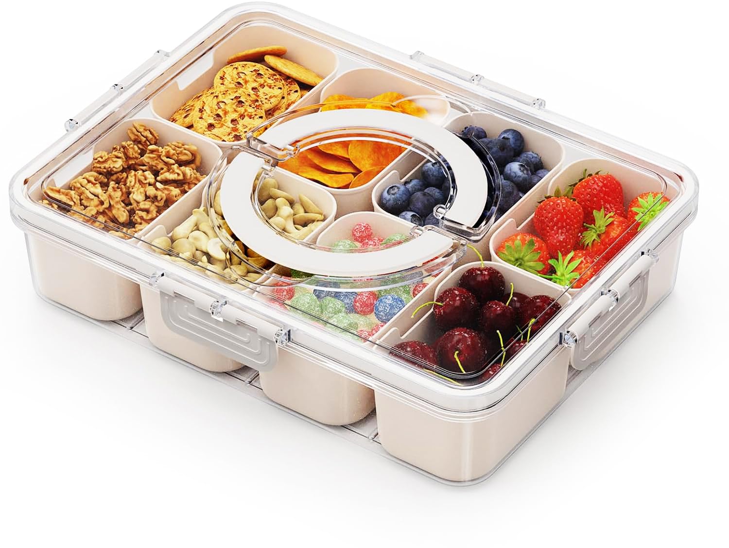 STORICANS Divided Serving Tray with Lid and Handle Snack Tray with 8 Removable Compartment Snack Box,Portable Food Storage Container Clear Organizer for Nuts, Fruit,Candy,Veggie, Candy,Spices,Snacks