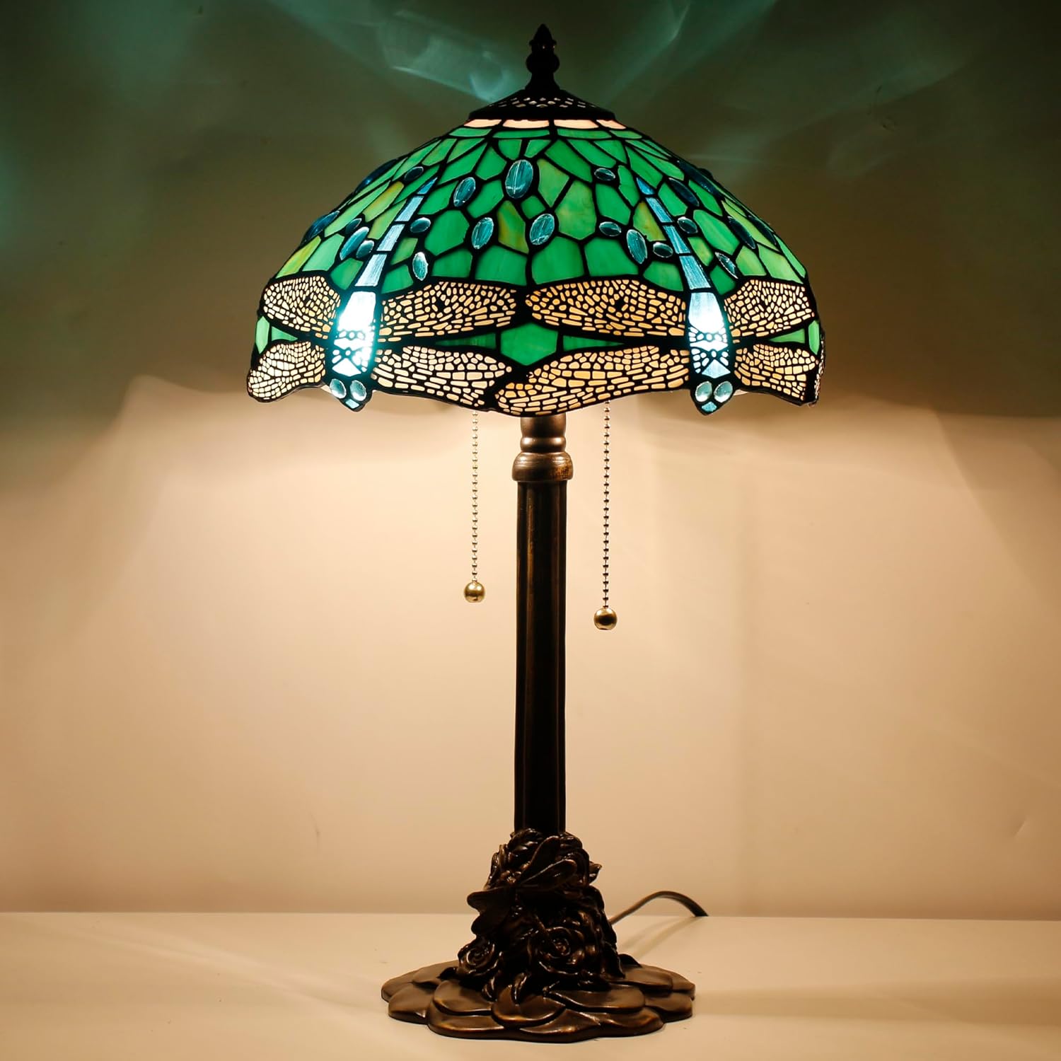 Tiffany Table Lamp Stained Glass Desk Lamp 12X12X21Inch Resin Base for Bedroom Living Room Reading Light (Green Dragonfly)