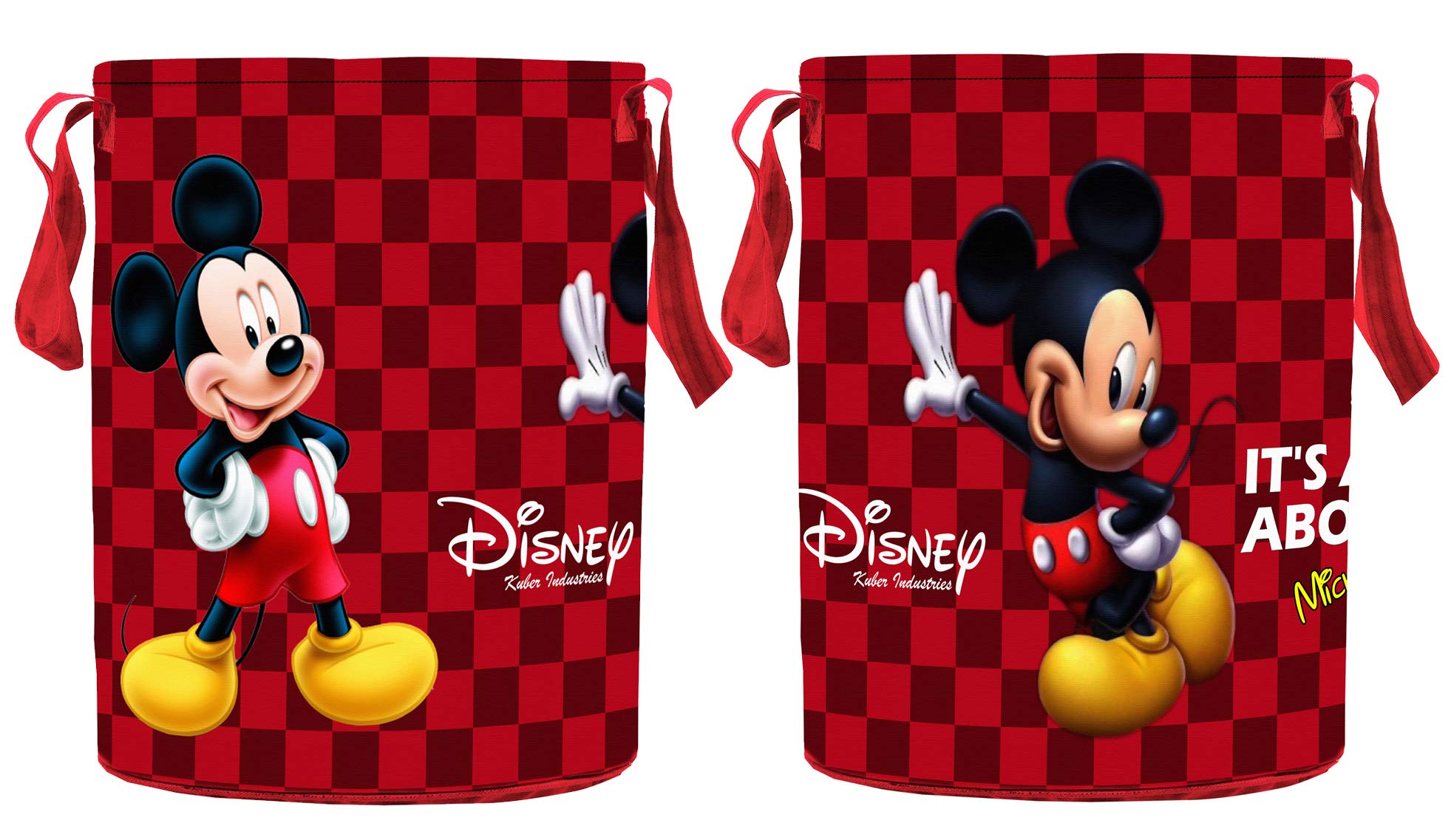 Kuber Industries Disney Mickey Print Round Non Woven Fabric Foldable Laundry Basket Toy Storage Basket Cloth Storage Basket with Handles45 LTR (Set of 2 Maroon)-KUBMART11637
