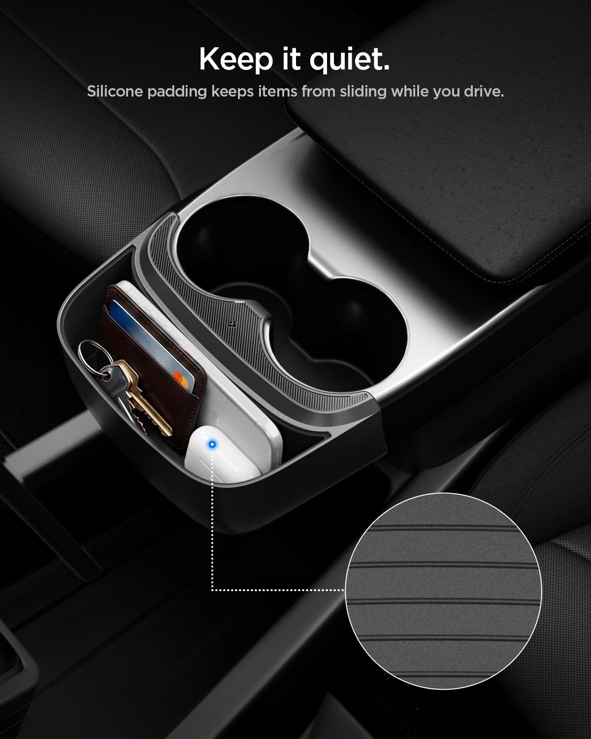 Spigen Tesla Model Y 2026 Juniper (NUR Standard) Auto Mittelkonsole Organizer Erweiterung, rutschfeste Ablage für Getränkehalter Auto, Premium Innenausstattung, Premium Tesla Zubehör