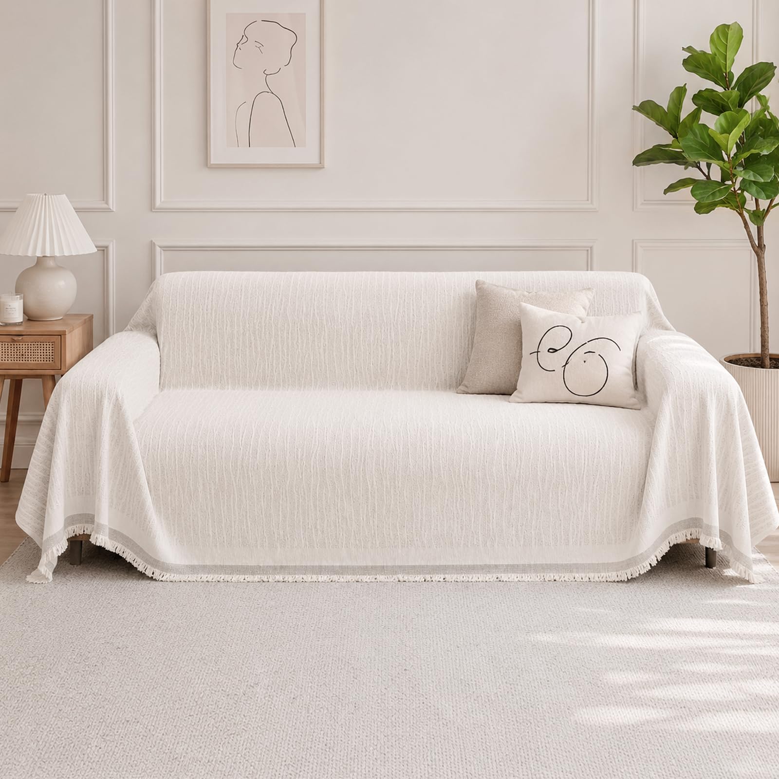 Voiolfolke Sofa Cover for 2 3 Seater, Non Slip Couch Covers, Chenille Corner Sofa Cover Protectors for Pets, Bohemian Slipcovers I Shape Sofa Futon Loveseat All Season(Beige, 180x300cm)