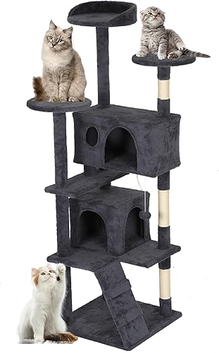 Miniatura 34 de FDW | Torre para Gatos de 54" | Gris Oscuro | Centro de Actividades Interior Multinivel con Postes Rascadores de Sisal, Condos, Perchas de Felpa,