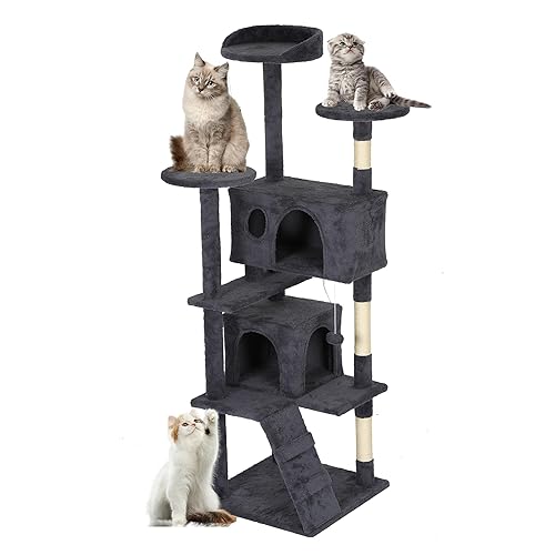 FDW Cat Tree Tower 62in Multi-Level Durable Cat Scratching Post & Cozy Fun Jumping Platform Space Saving Condo Pet Play House for Indoor Cats,Dark Gray - Dark Gray - 62in