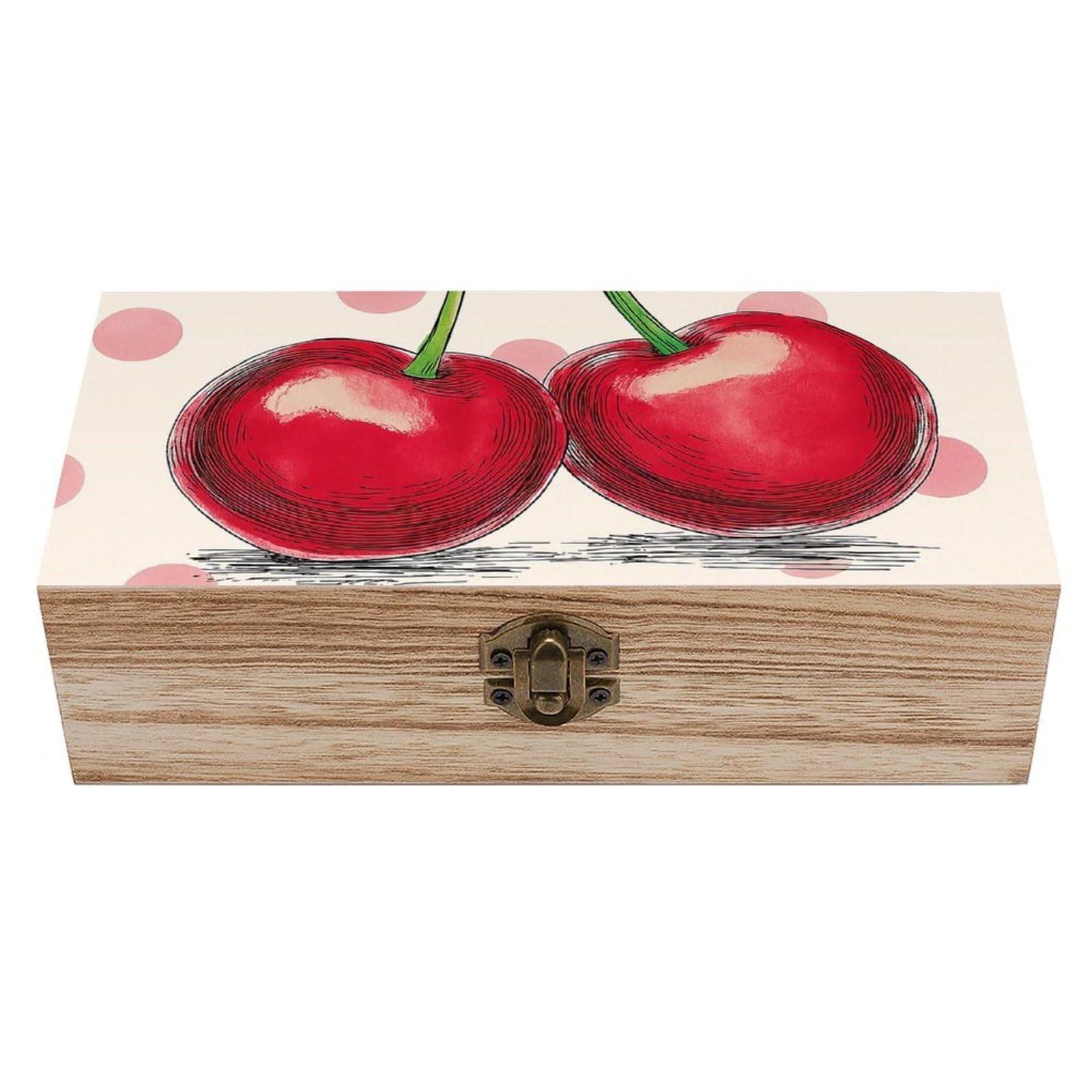 Oudrspo Cherry & Pink Polka Dots Retro Wooden Storage Box Keepsake Jewelry Decorative Art Storages Box Gift Boxs