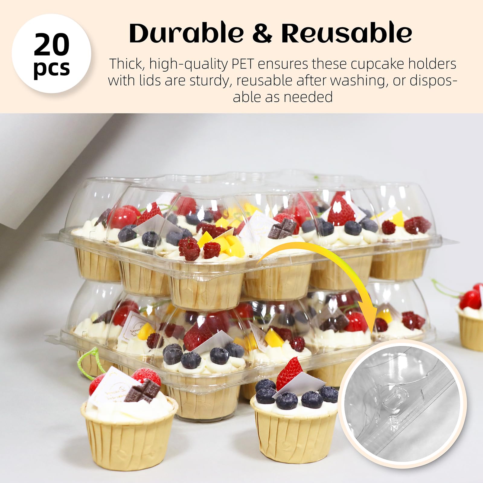 WIKDAY (12 unidades x 20 juegos de recipientes de plástico para cupcakes, duradero y sin BPA, con tapa para un fácil almacenamiento, apilables, transparentes, cajas de postre reutilizables)
