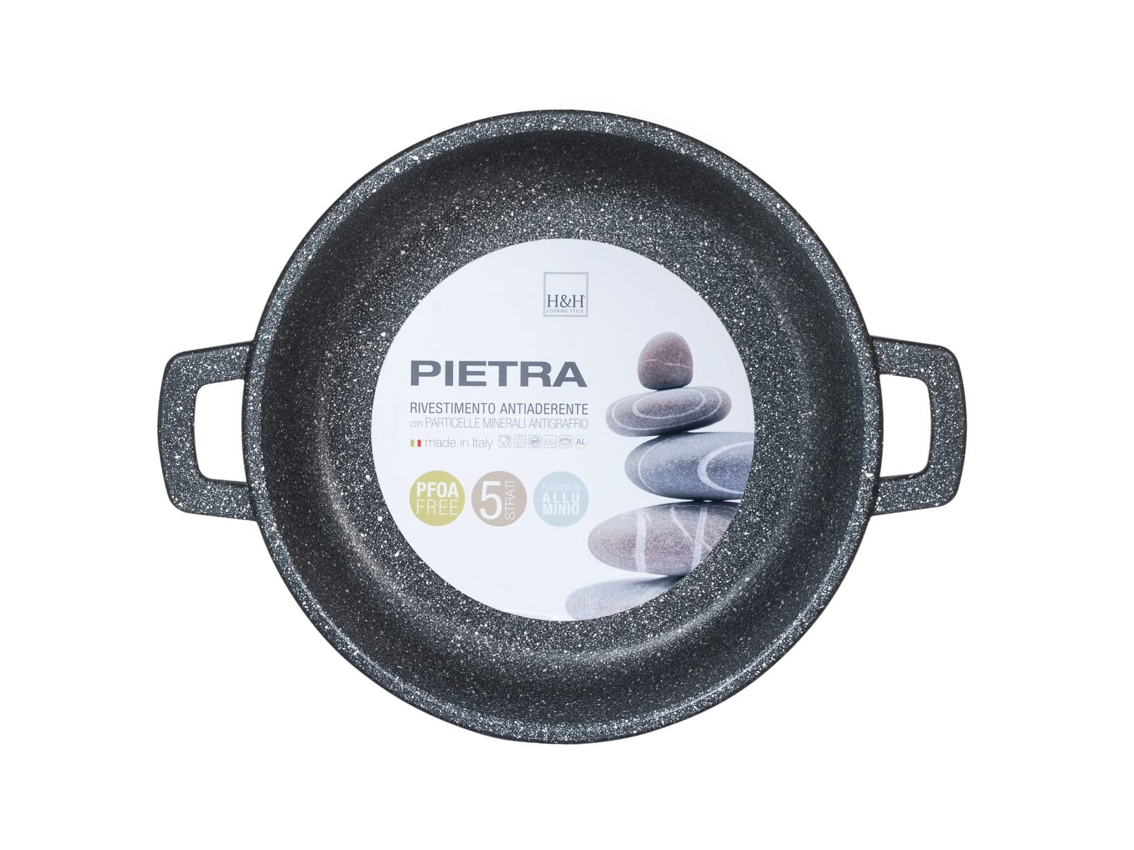 H&H Tegame 2 Manici Alto Antiaderente Pietra Cm24 Pentole Cucina, Alluminio, Nero/Grigio, 24 cm