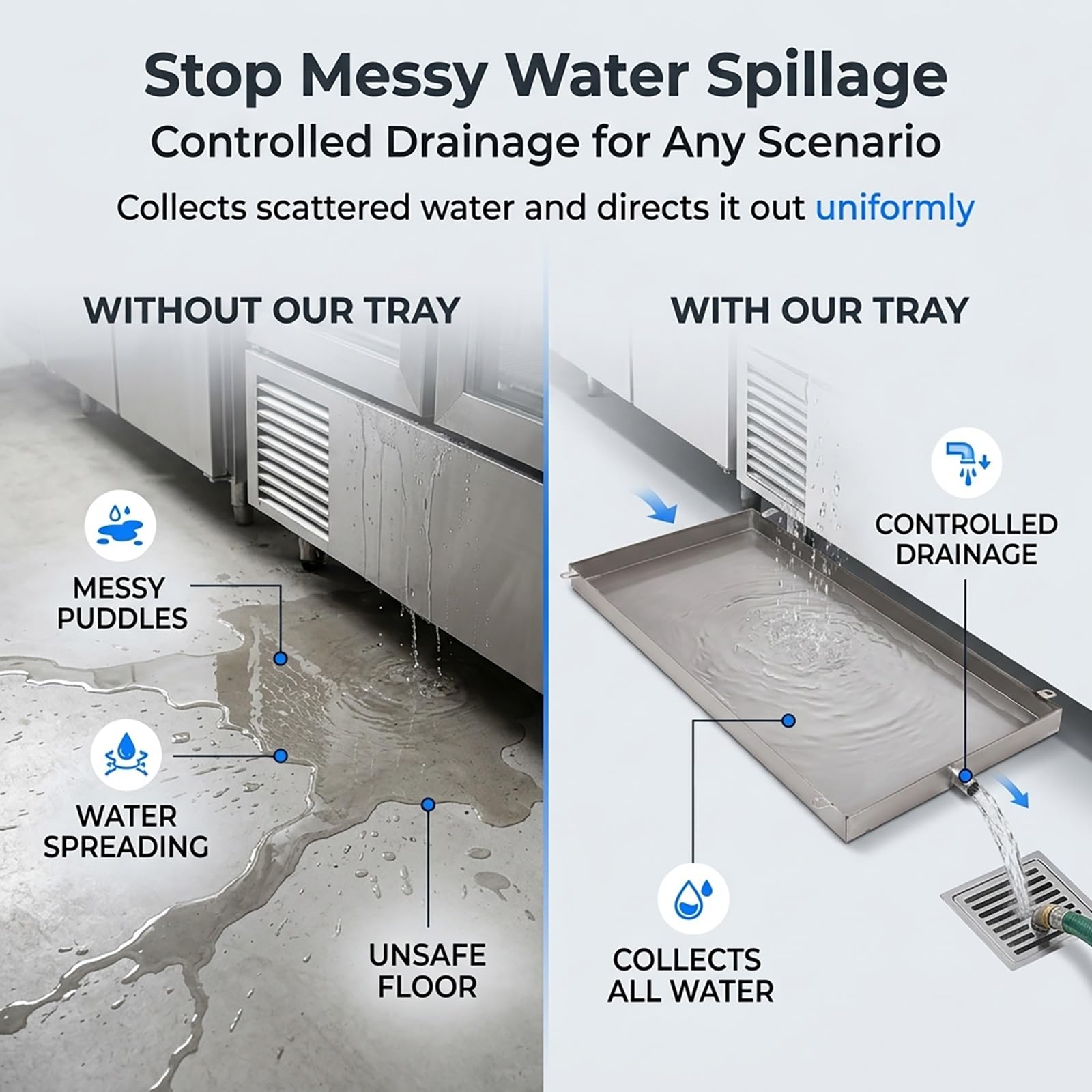 Uniwersalna miska odpływowa kondensatu ze stali nierdzewnej 30 x 30 cm do klimatyzatorów 1-2P - zawiera wąż i zacisk - idealna do dzielonych jednostek i pomp ciepła - konstrukcja odporna na rdzę
