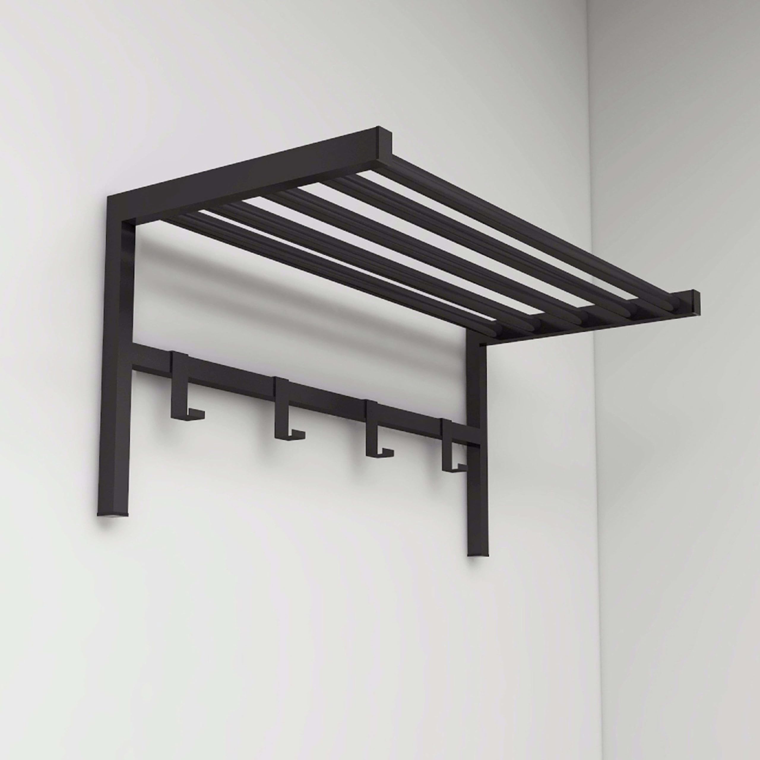 Miroytengo Perchero de Pared 4 ganchos y Estante en Metal Color Negro 69x33x34 cm