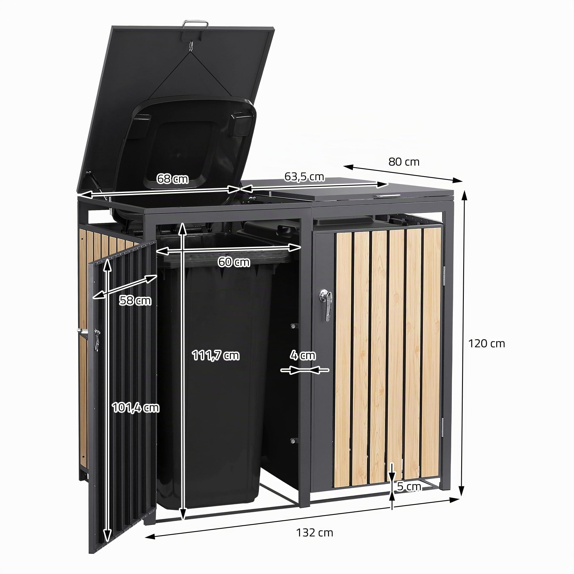 ML-Design Mülltonnenbox 3er 240L, Mülltonnenverkleidung für 3 Mülltonnen, Müllbox wetterfest, Mülltonnenhaus aus Stahl, Müllcontainer mit Deckel, abschließbare Tür, 200x80x120 cm, Anthrazit-Holzoptik